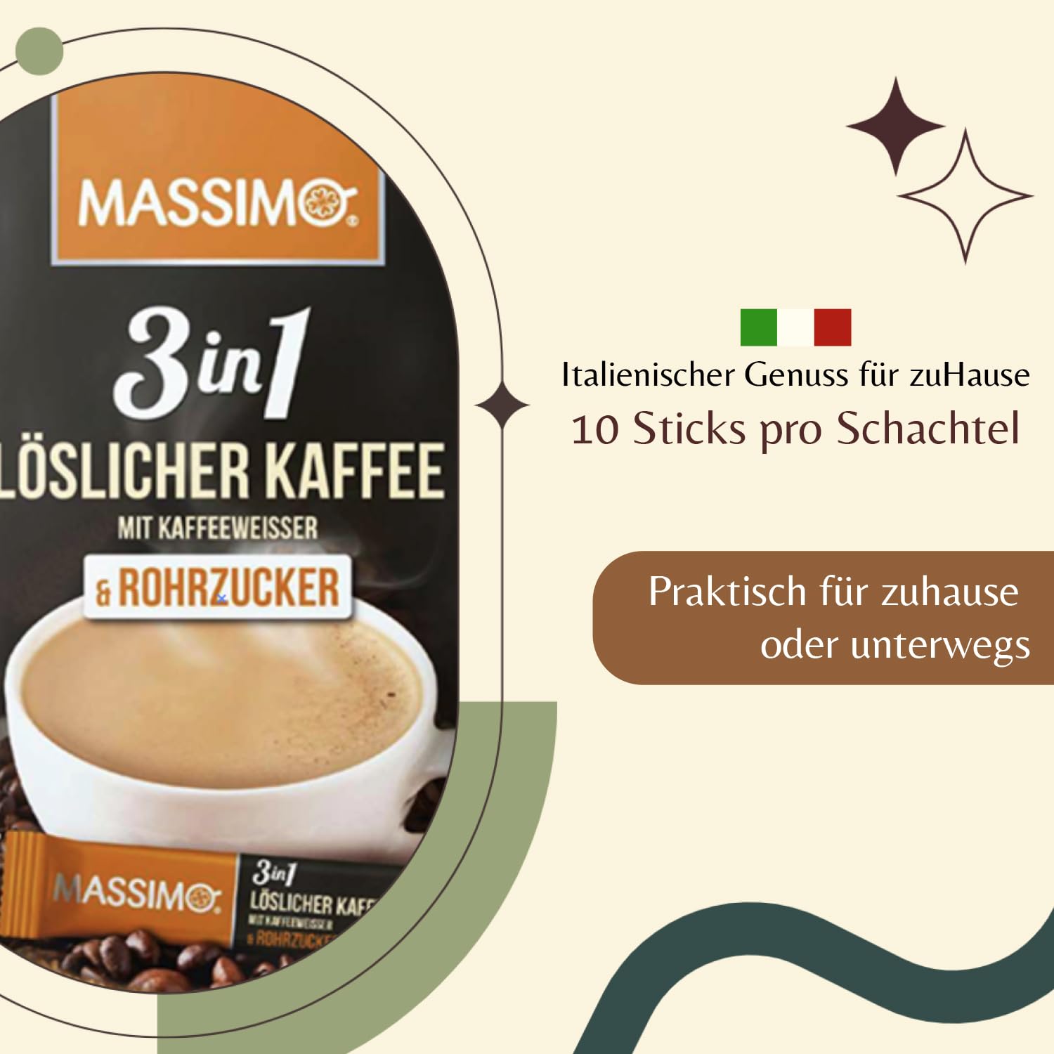 MASSIMO 3in1 Löslicher Kaffee mit Kaffeeweißer & Rohrzucker 170g