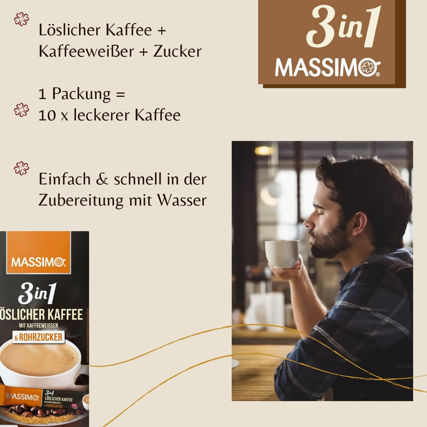 MASSIMO 3in1 Löslicher Kaffee mit Kaffeeweißer & Rohrzucker 170g