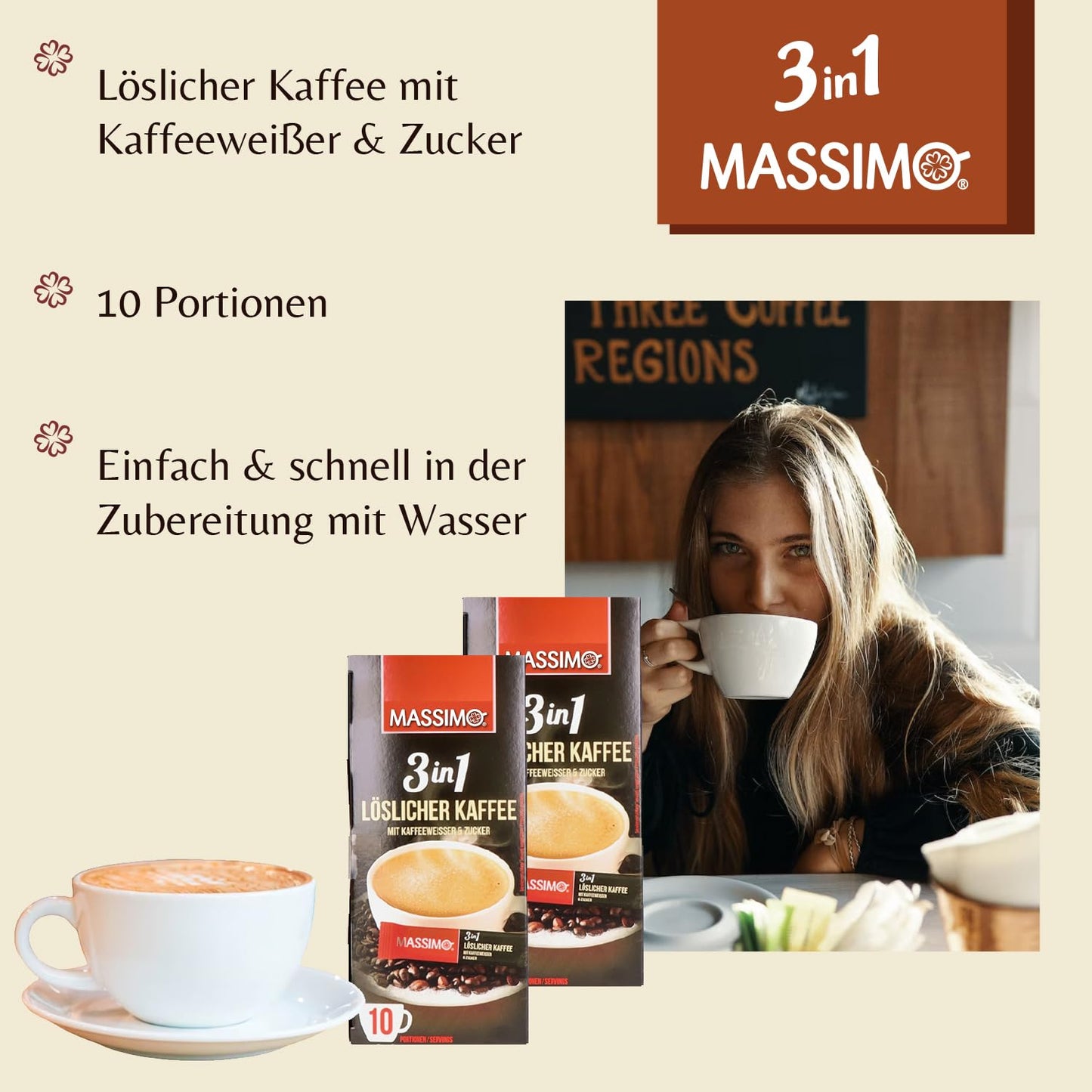 MASSIMO 3in1 Kaffee mit Kaffeeweißer & Zucker 180g