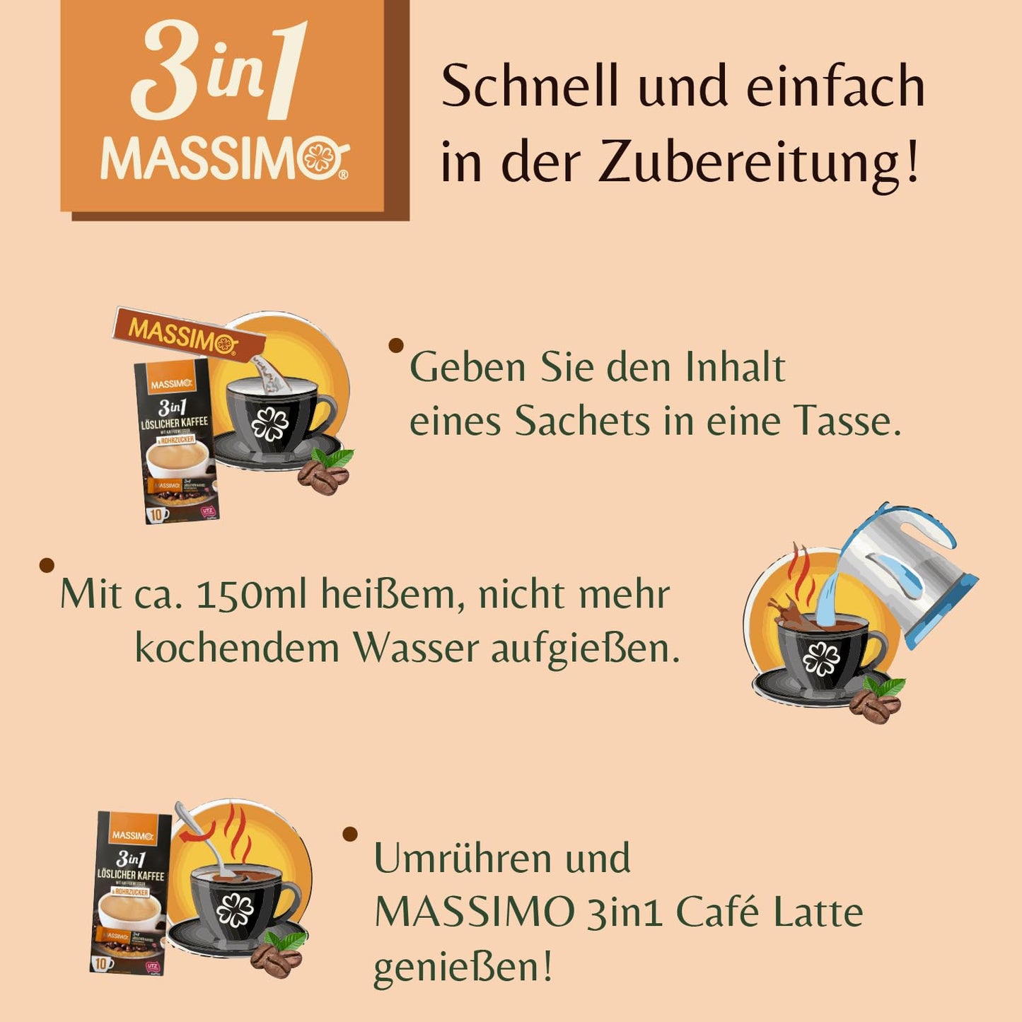 MASSIMO 3in1 Löslicher Kaffee mit Kaffeeweißer & Rohrzucker 170g