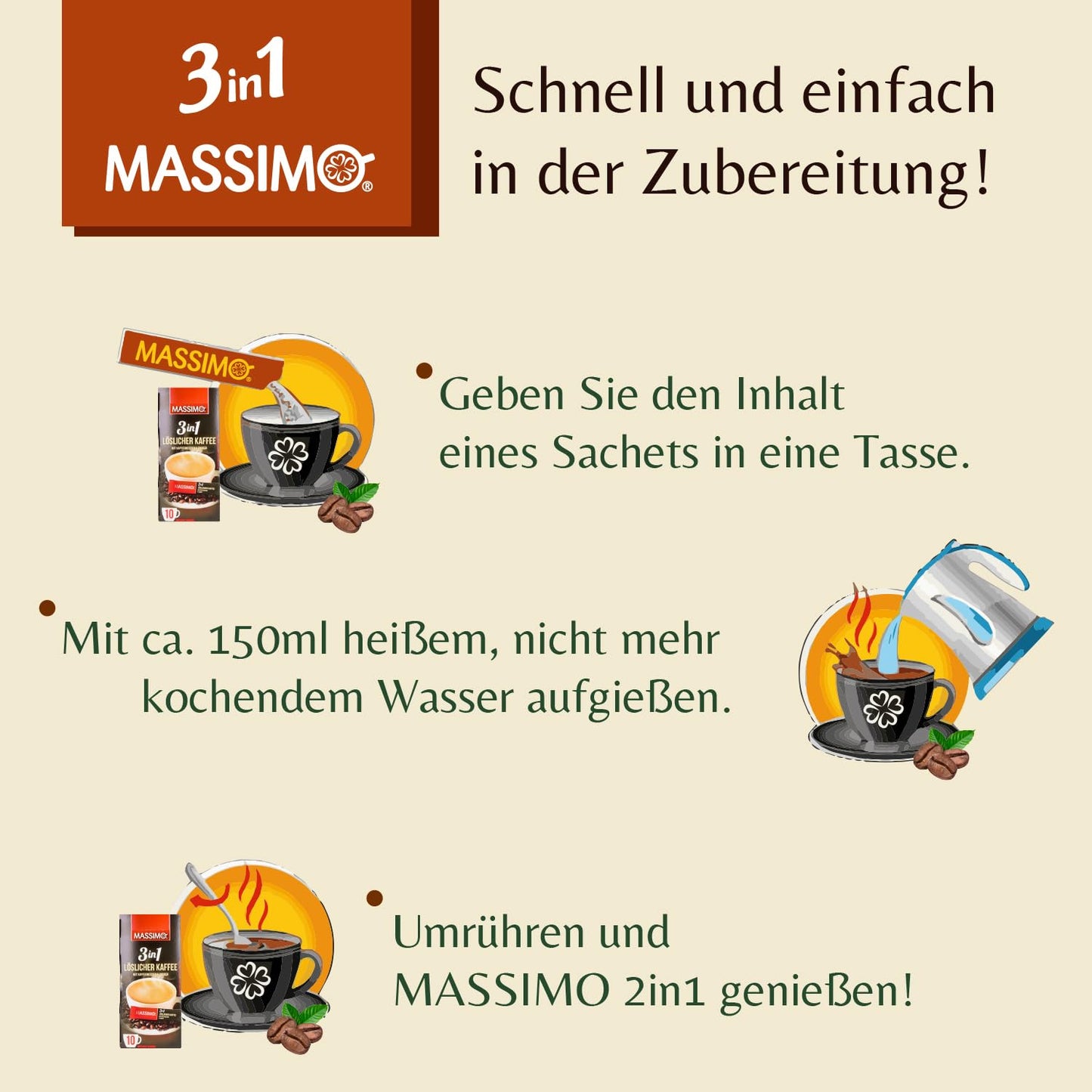 MASSIMO 3in1 Kaffee mit Kaffeeweißer & Zucker 180g