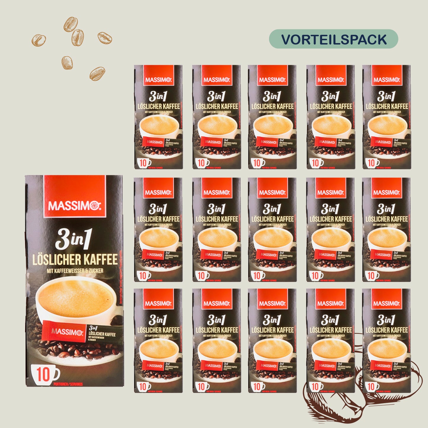 MASSIMO 3in1 Kaffee mit Kaffeeweißer & Zucker 16 x 180g