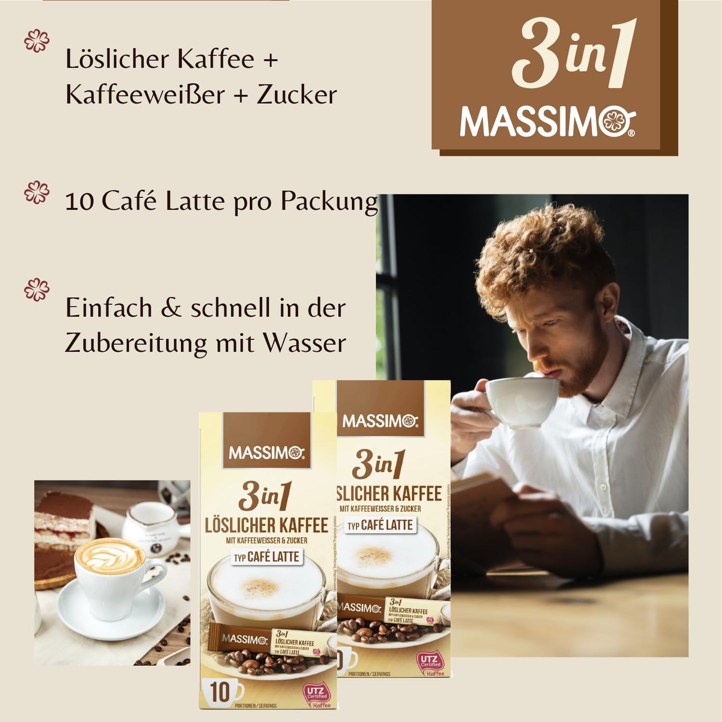 MASSIMO 3in1 Café Latte mit Kaffeeweisser & Zucker 16 x 125g