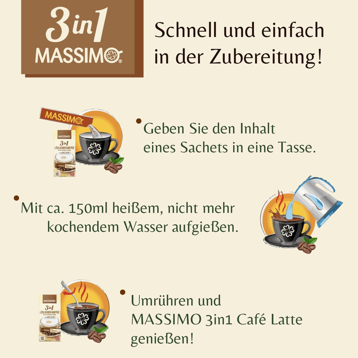 MASSIMO 3in1 Café Latte mit Kaffeeweisser & Zucker 16 x 125g