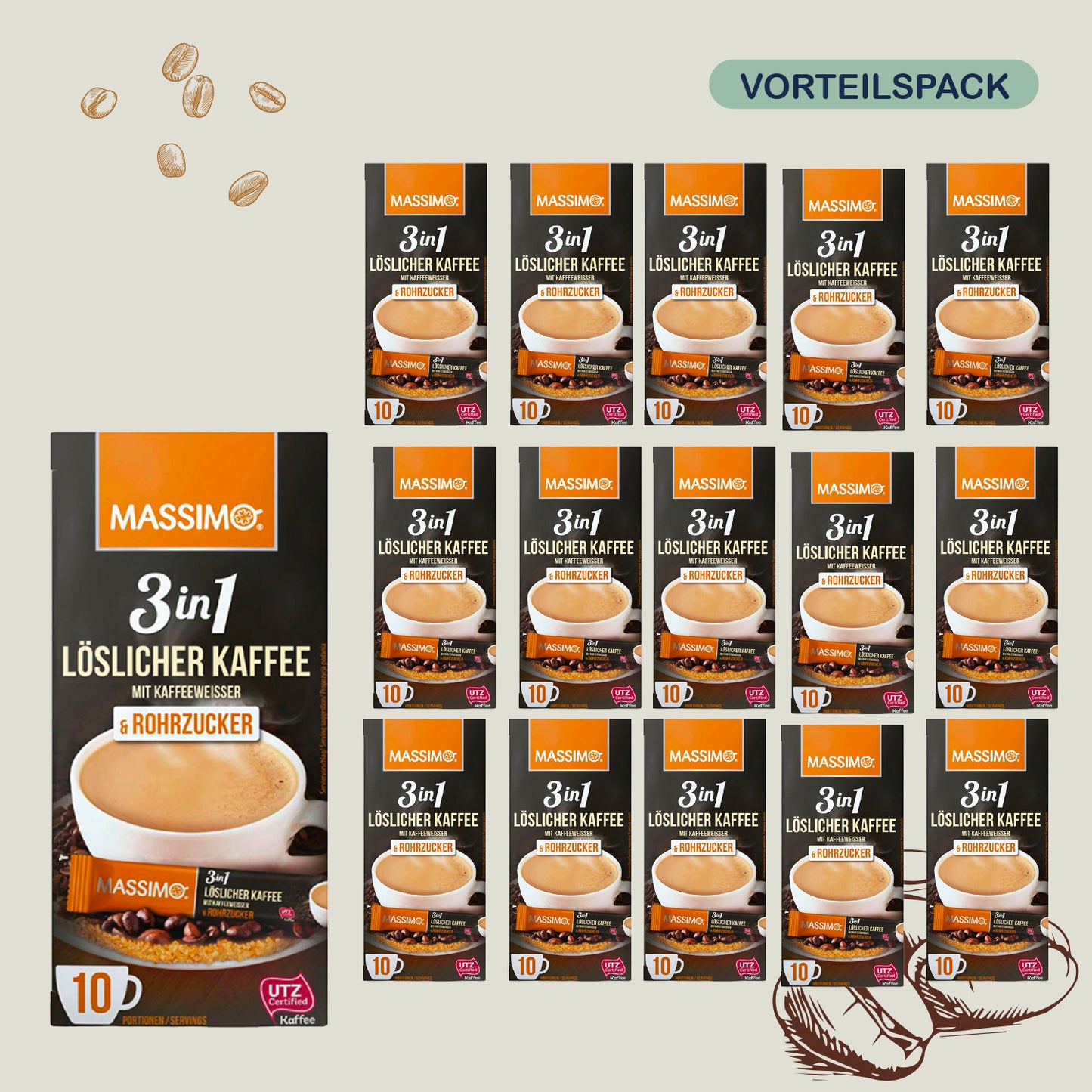 MASSIMO 3in1 Löslicher Kaffee mit Kaffeeweißer & Rohrzucker 16 x 170g